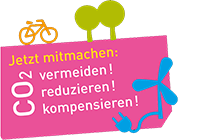 Illustration: Fahrrad, Bäume und ein Windrad mit Stromstecker, dazu der Schriftzug 'Jetzt mitmachen: CO2 vermeiden! reduzieren! kompensieren!'