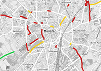 Stadtplan-Karte mit farbiger Markierung der Radverkehrsmaßnahmen