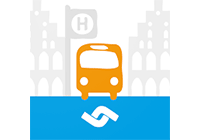 Signet der münster:app: Ein stilisiertes und gespiegeltes Rathaus, ein Haltestellen-Schild und ein Bus über dem Logo der Stadtwerke Münster